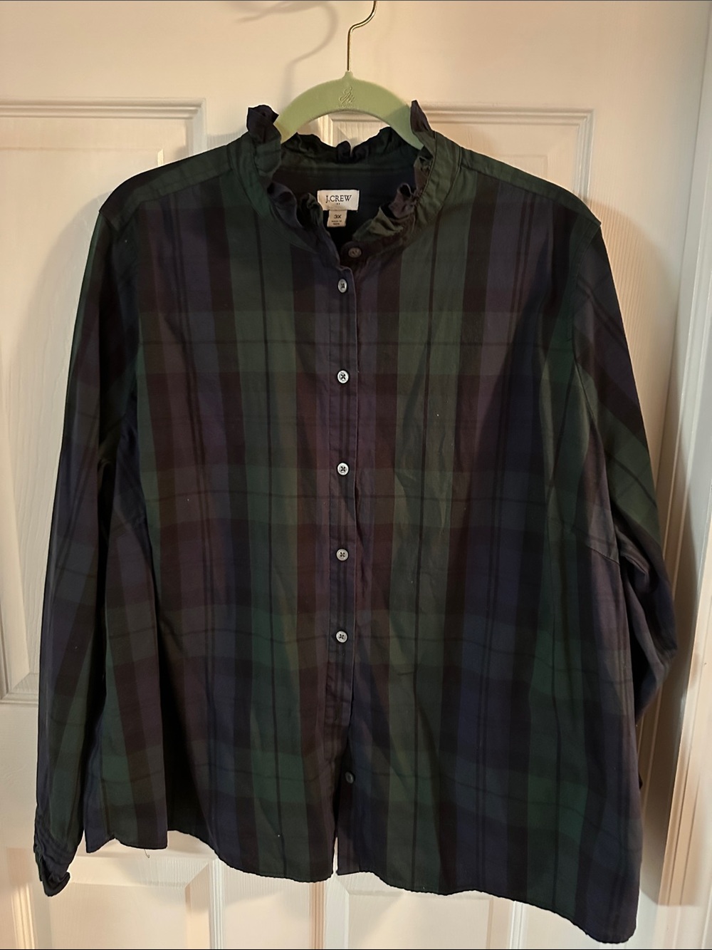 J. Crew Green and Navy Plaid Ruffled Collar Button-Up